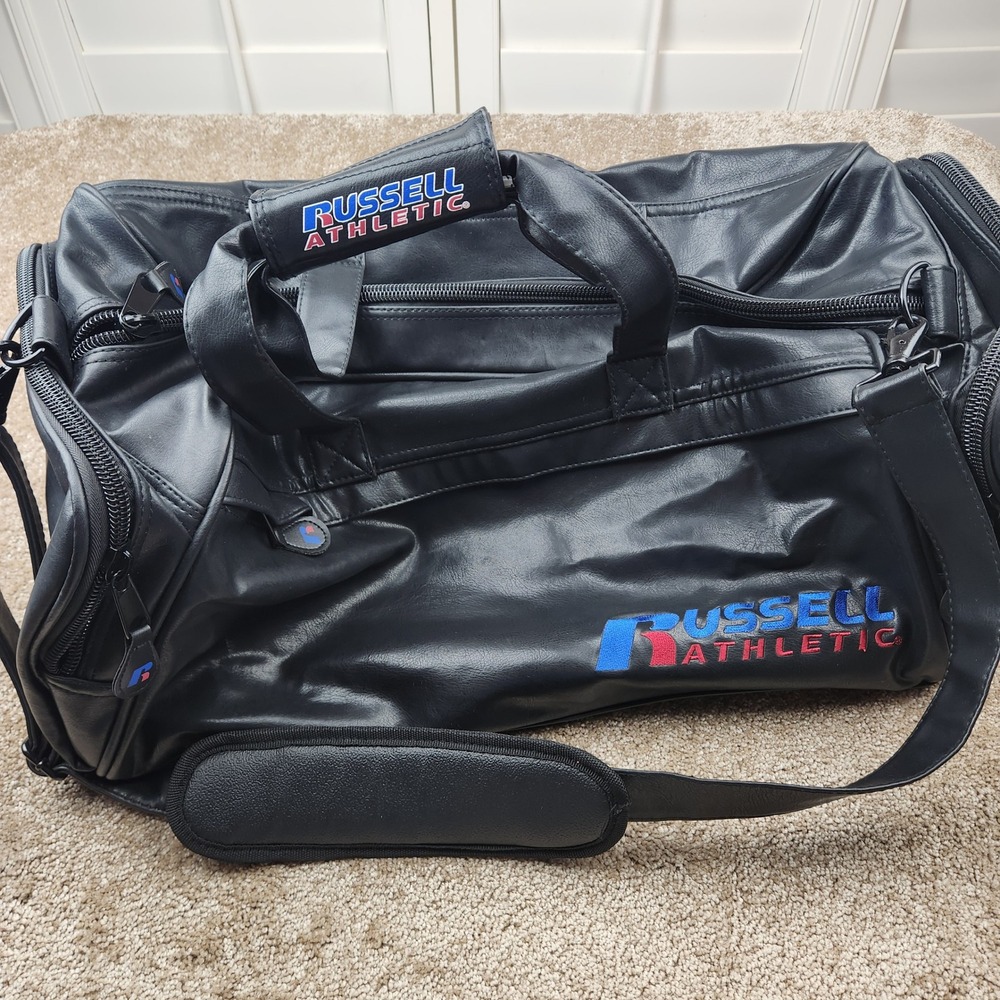 Russell Athletic Black Faux Leather Duffel Bag Gym Travel Weekender 22 Inch